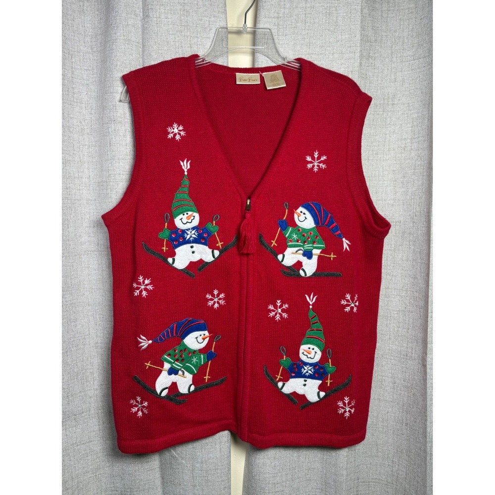 Bobbie Brooks Red Skiing Snowman Christmas Sweater Vest Zip Front Tassel Large